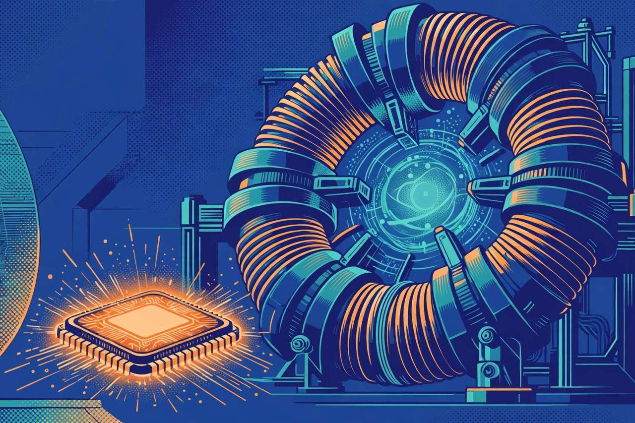 Editorial illustration of a semiconductor wafer, a glowing power chip, a fusion reactor with magnets and AI data centre racks