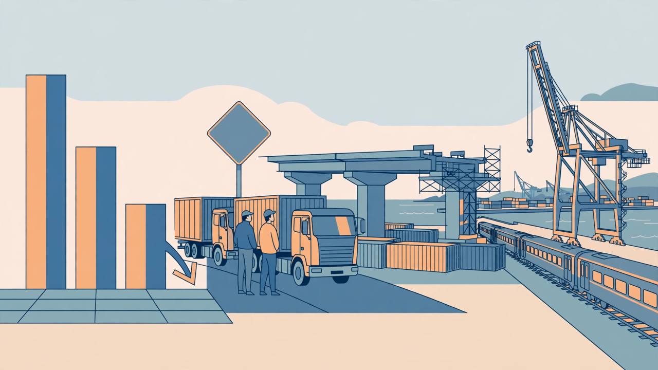 Editorial illustration of freight trucks, a bridge, a port crane and a passenger train with a shrinking funding bar, flat style, no real person