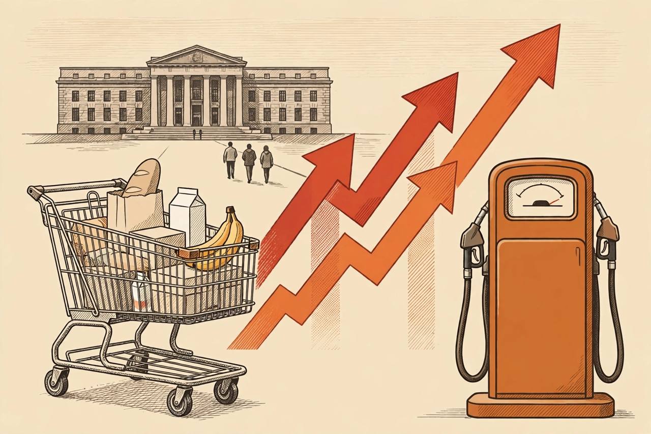 Editorial illustration of a grocery cart and a fuel pump with large red rising arrows and a generic central-bank style building in the background; no real person is depicted