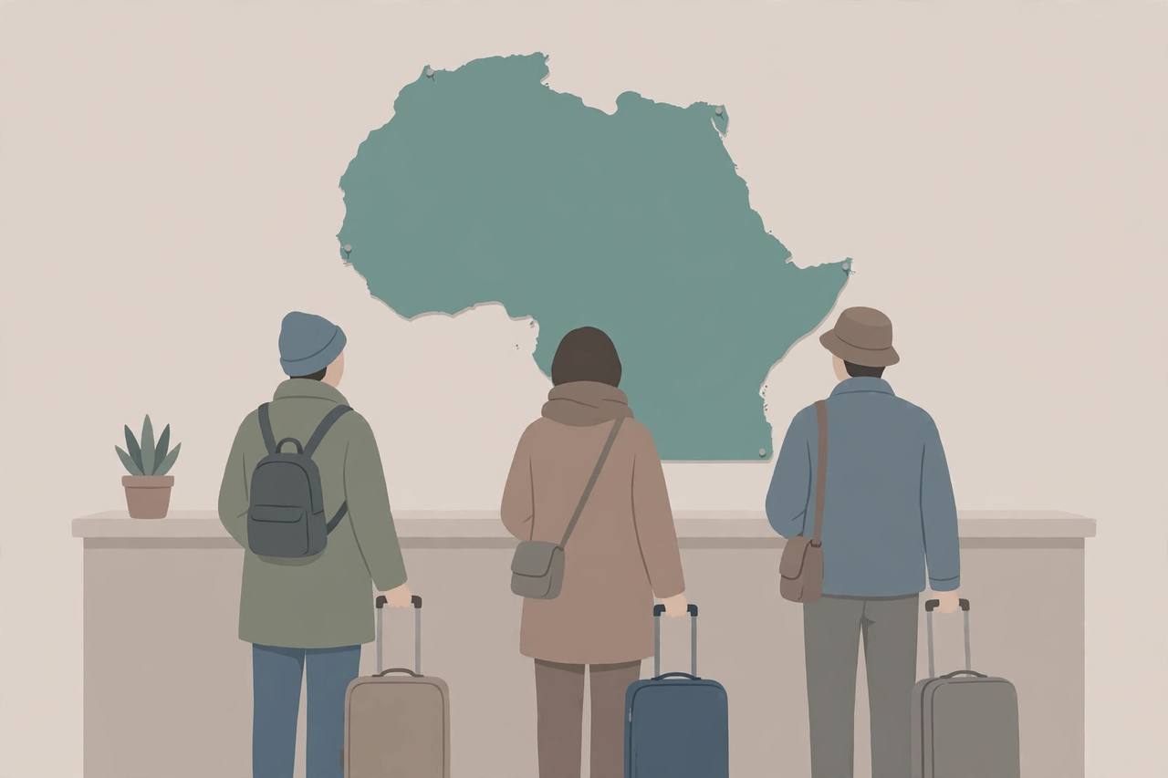 Editorial illustration of generic travellers with suitcases at a plain airport counter with an abstract West Africa map shape on the wall, flat style, no text, no real person's face