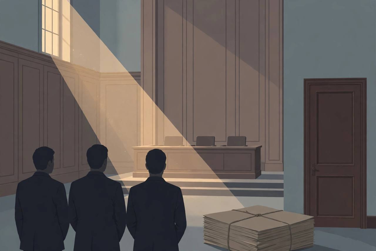 Editorial illustration of a federal appeals courtroom with a closed case file, symbolising a court declining jurisdiction over a fear-screening challenge