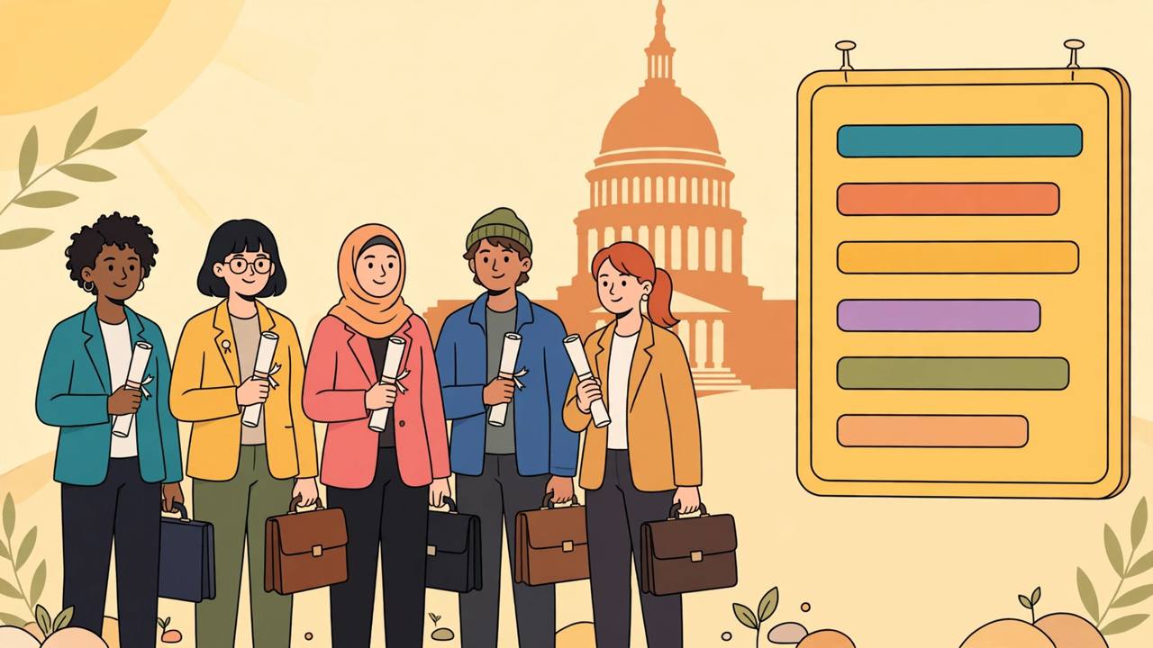 Editorial illustration of generic young professional figures holding blank diplomas and briefcases before a stylised US Capitol and a blank points scoreboard with coloured bars, flat style, no real person depicted
