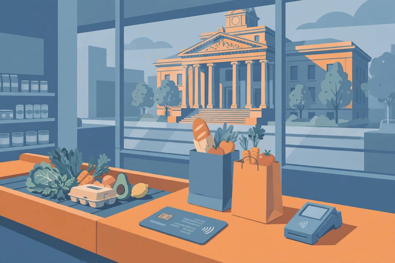 Editorial illustration of a grocery checkout with a benefits card, shopping bags and a generic courthouse in the background, flat style