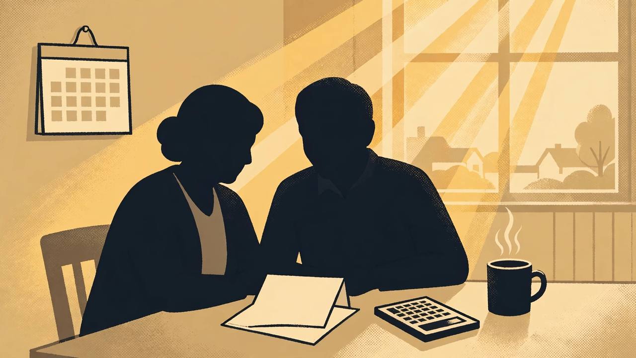 Editorial illustration of a retired couple as generic silhouettes at a kitchen table reading a benefit notice letter beside a calculator, warm morning light — no real person depicted
