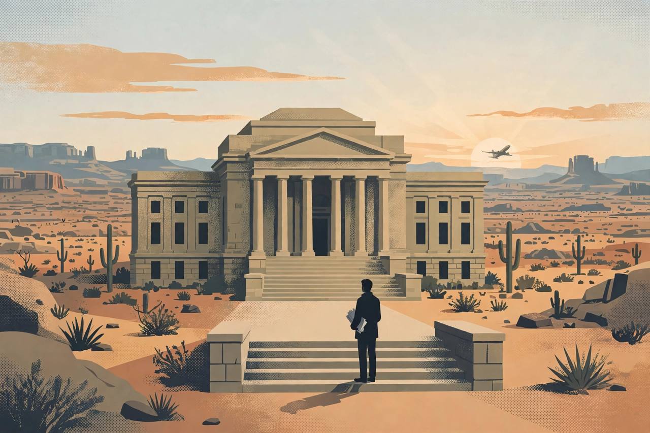 Editorial illustration of a federal courthouse in the American Southwest at dawn with a passenger jet taking off in the distance and a generic figure holding papers on the steps