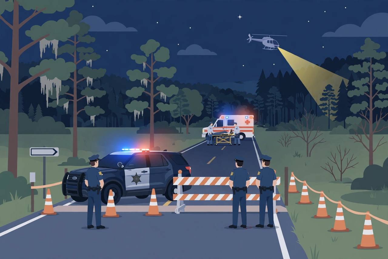 Editorial illustration of a nighttime highway roadblock in Aiken County, South Carolina, with a patrol vehicle and ambulance
