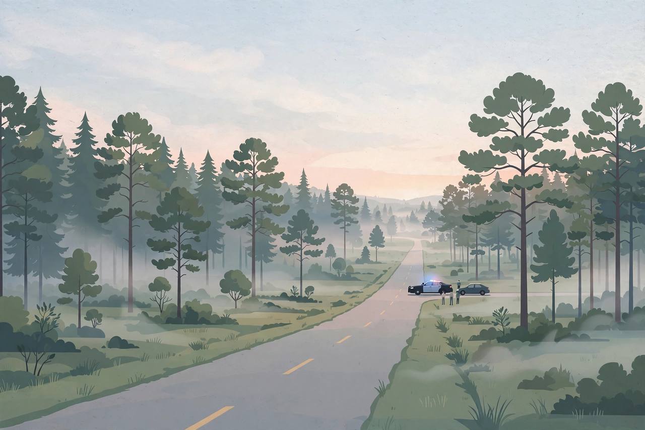 Editorial illustration of a rural South Carolina road at dawn with a patrol car in the distance, flat style, no real person depicted and no incident shown