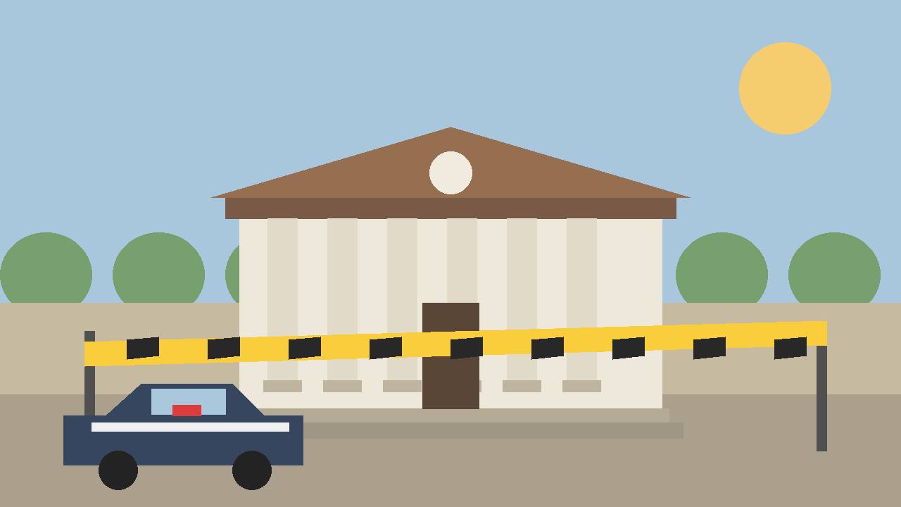 Editorial illustration of a courthouse with police tape in front, generic figures absent, flat editorial style. (Editorial illustration)