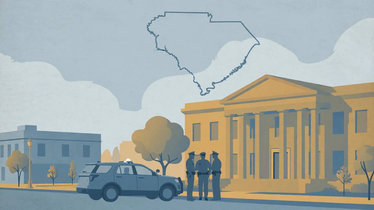 Editorial illustration of generic law-enforcement officers beside a patrol SUV outside a courthouse in South Carolina, with an outline of the state above