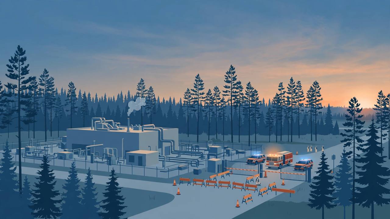 Editorial illustration of a nuclear research site at dusk with a fire truck at a barricaded gate and a small plume of smoke over one laboratory building