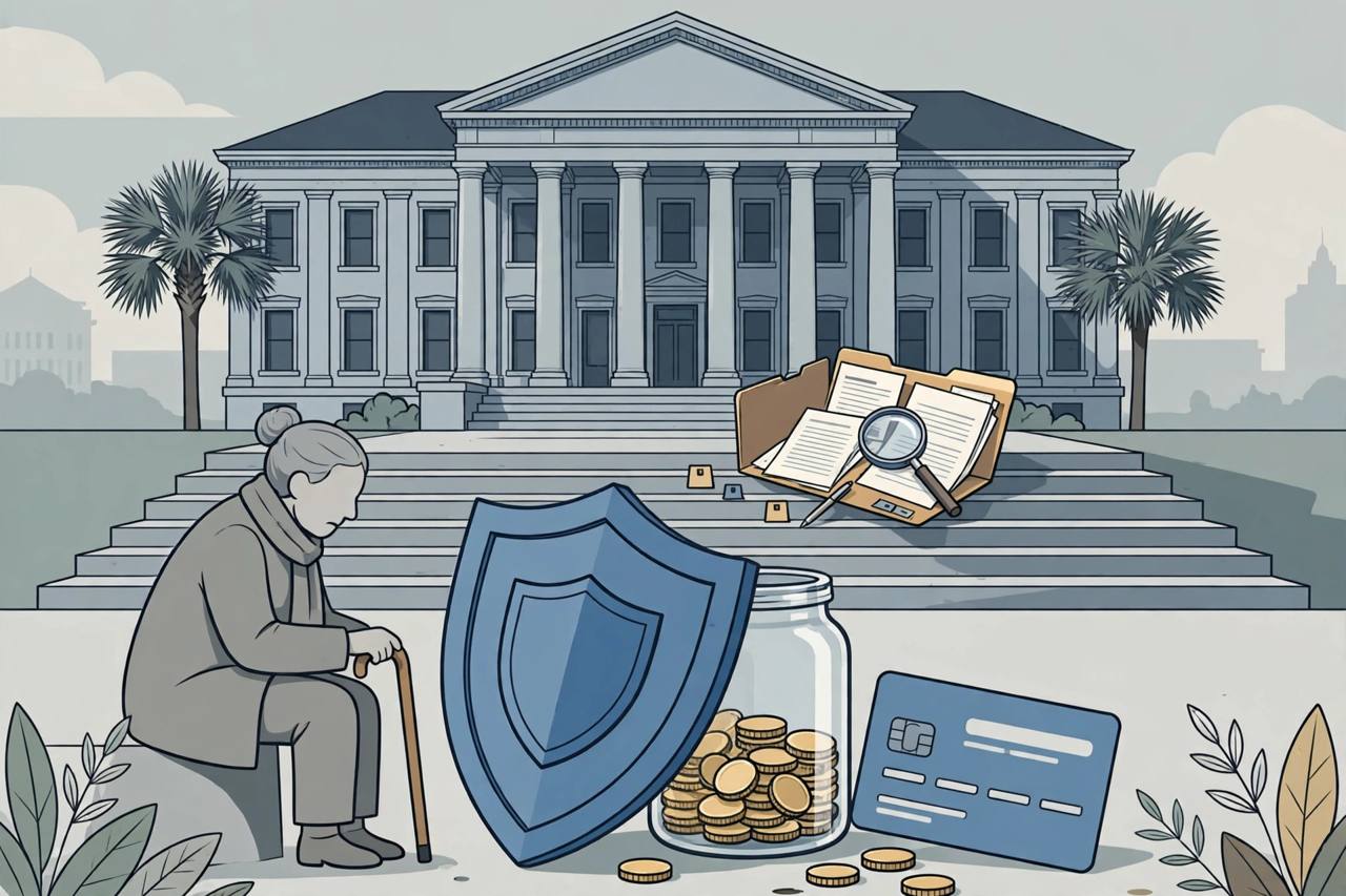 Editorial illustration of a South Carolina courthouse with a shield protecting an elderly person's savings and a bank card
