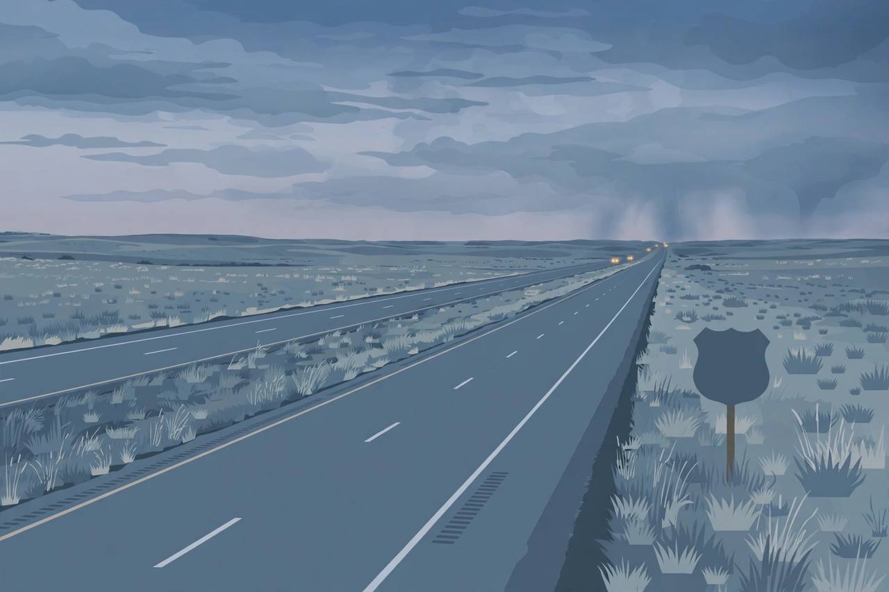 Editorial illustration of an empty divided interstate highway crossing rural South Dakota prairie at dusk, with a blank highway shield sign and distant headlights