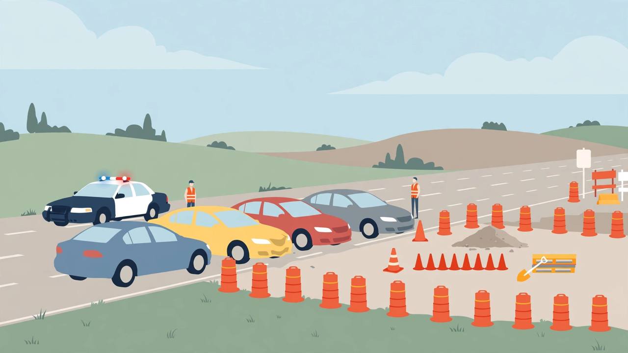 Editorial illustration of an interstate highway construction zone with four generic cars stopped in a line and a patrol car, flat style, no real person