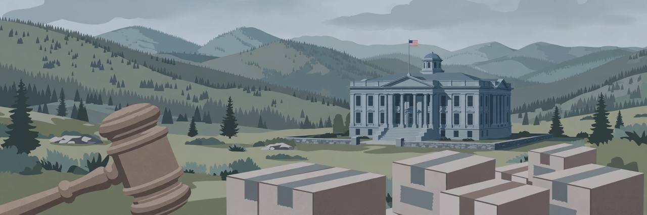 Editorial illustration of a generic South Dakota courthouse in the Black Hills with a gavel and sealed evidence boxes, flat style, no text, no real person depicted