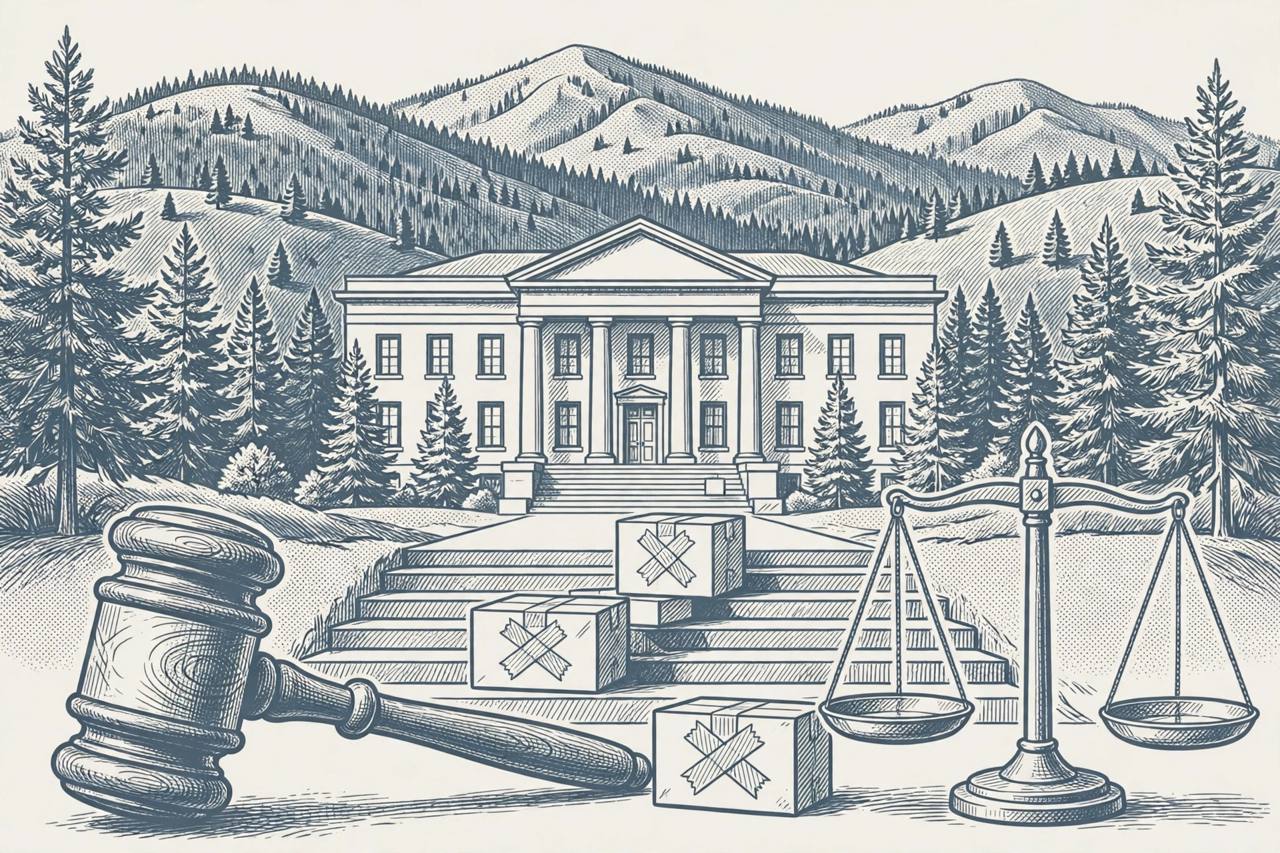 Editorial illustration of a generic South Dakota courthouse in the Black Hills with a gavel and sealed evidence boxes, flat style, no text