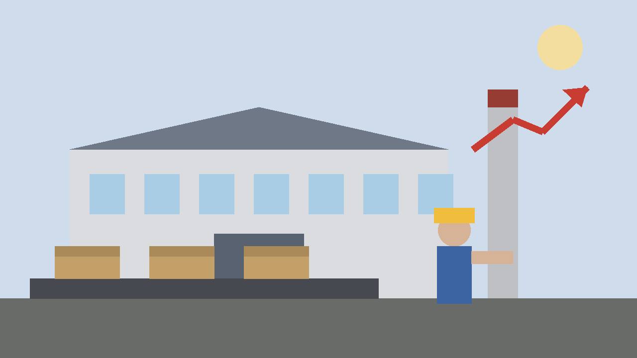 Editorial illustration of a generic factory with a conveyor of plain boxes, a chimney and a generic worker in a hard hat, with a red rising arrow in the sky, flat style, no text, no real person's face
