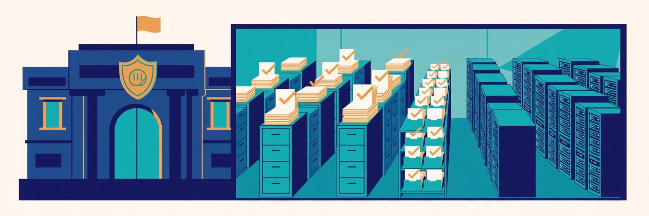 Editorial illustration of a generic government records archive with filing cabinets, computer servers and corrected files, no people and no text