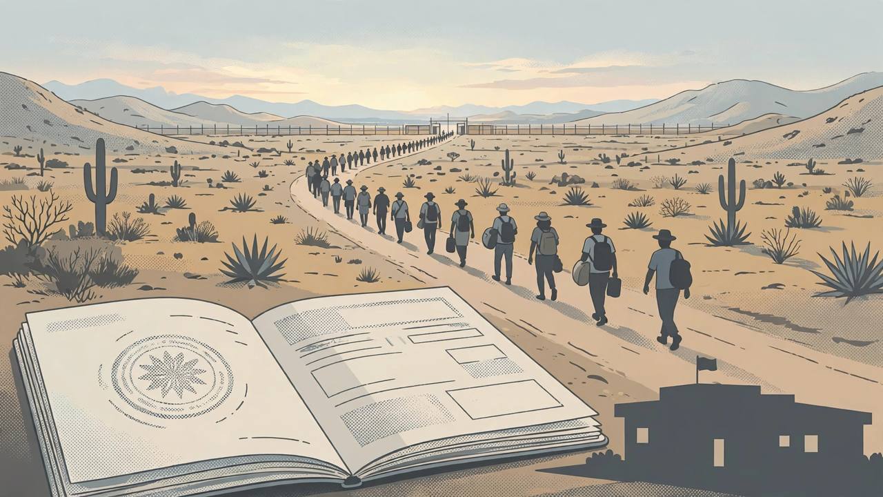 Editorial illustration of travellers walking a desert road toward a distant border fence, with an open passport and visa pages in the foreground