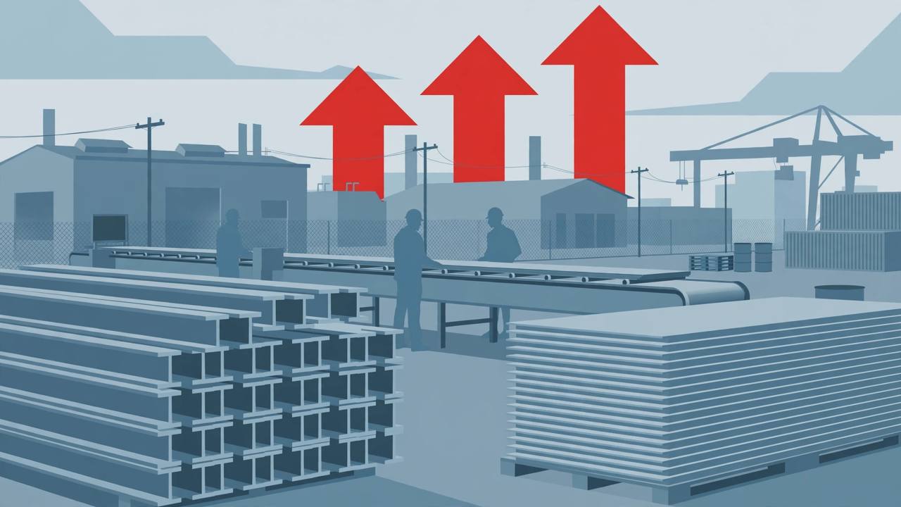 Editorial illustration of stacked steel beams and aluminum sheets in an American factory yard with large red upward arrows, generic workers and a conveyor belt