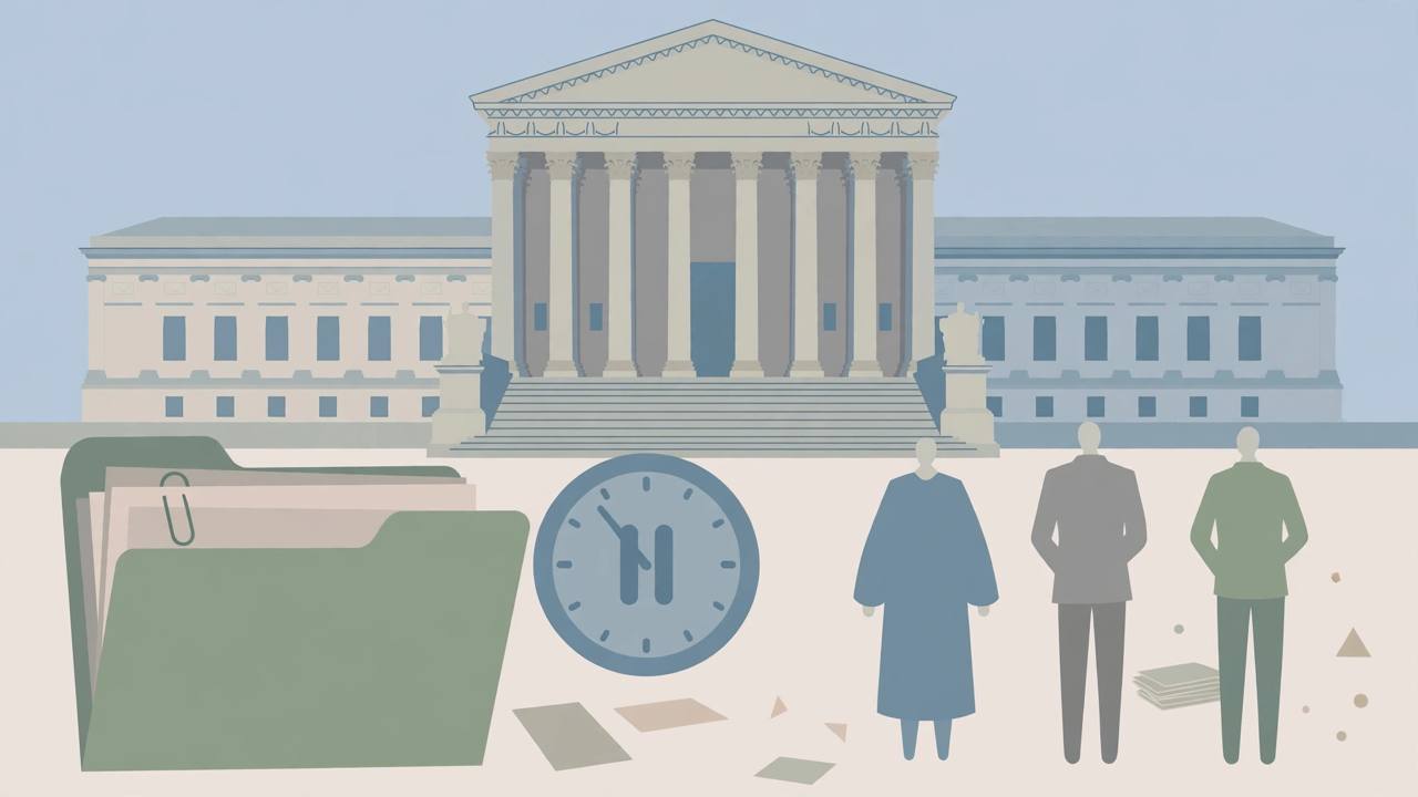 Editorial illustration of the US Supreme Court building with a case folder and a paused clock, flat style, no real person