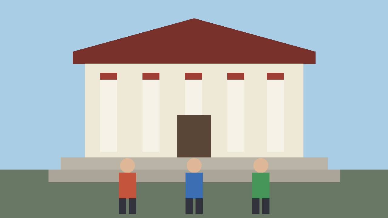 Editorial illustration of a generic courthouse with columns and faceless figures on the steps, flat style, no real person, no text