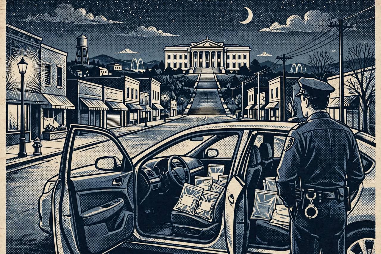 Editorial illustration of a small-town Tennessee street at night with a generic police officer beside an open rental car, sealed evidence bags and a federal courthouse in the background