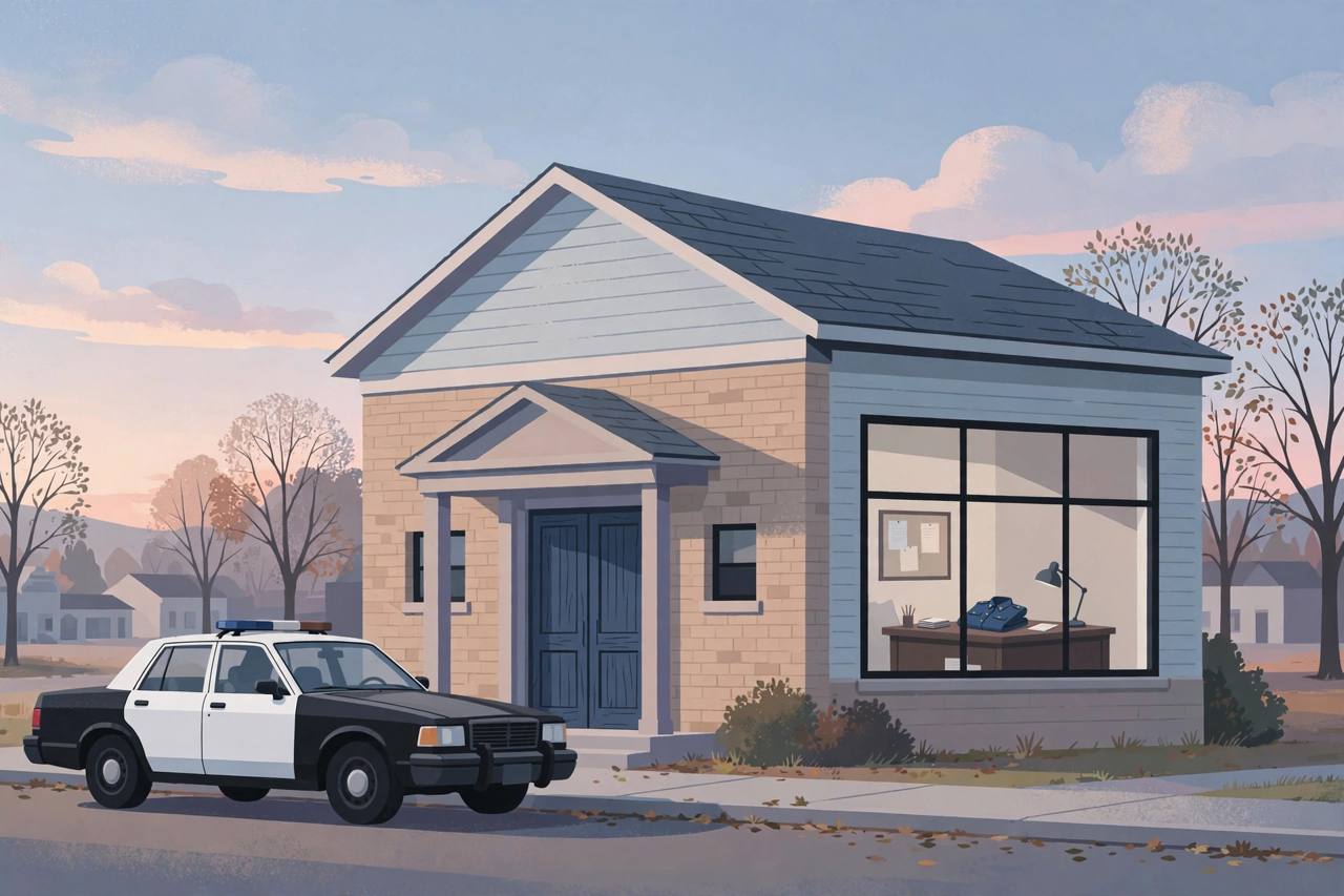 Editorial illustration of a generic Tennessee police department building at dawn with a parked cruiser, flat style, no real person or incident depicted