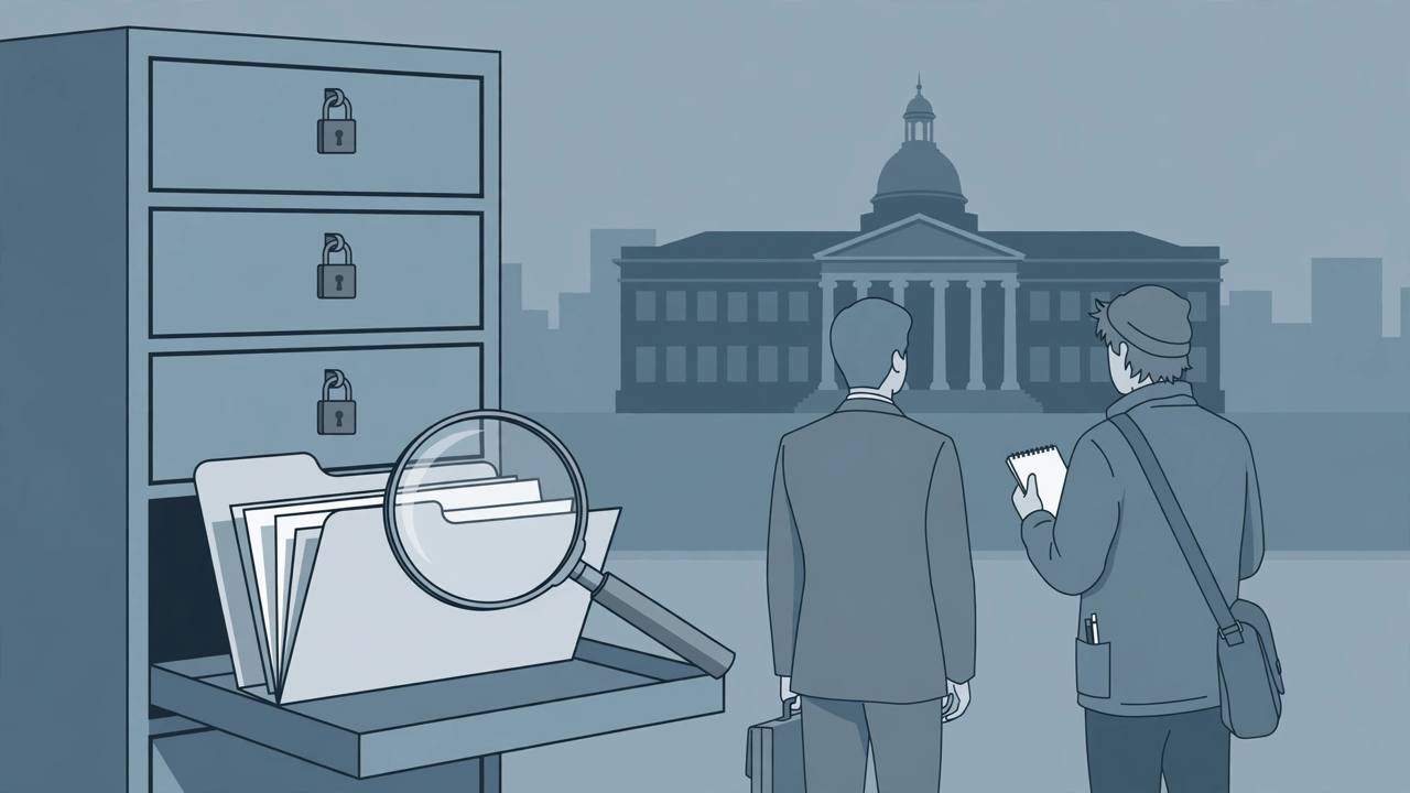 Editorial illustration of a locked records cabinet, an open public-records folder under a magnifying glass, and a courthouse in the background