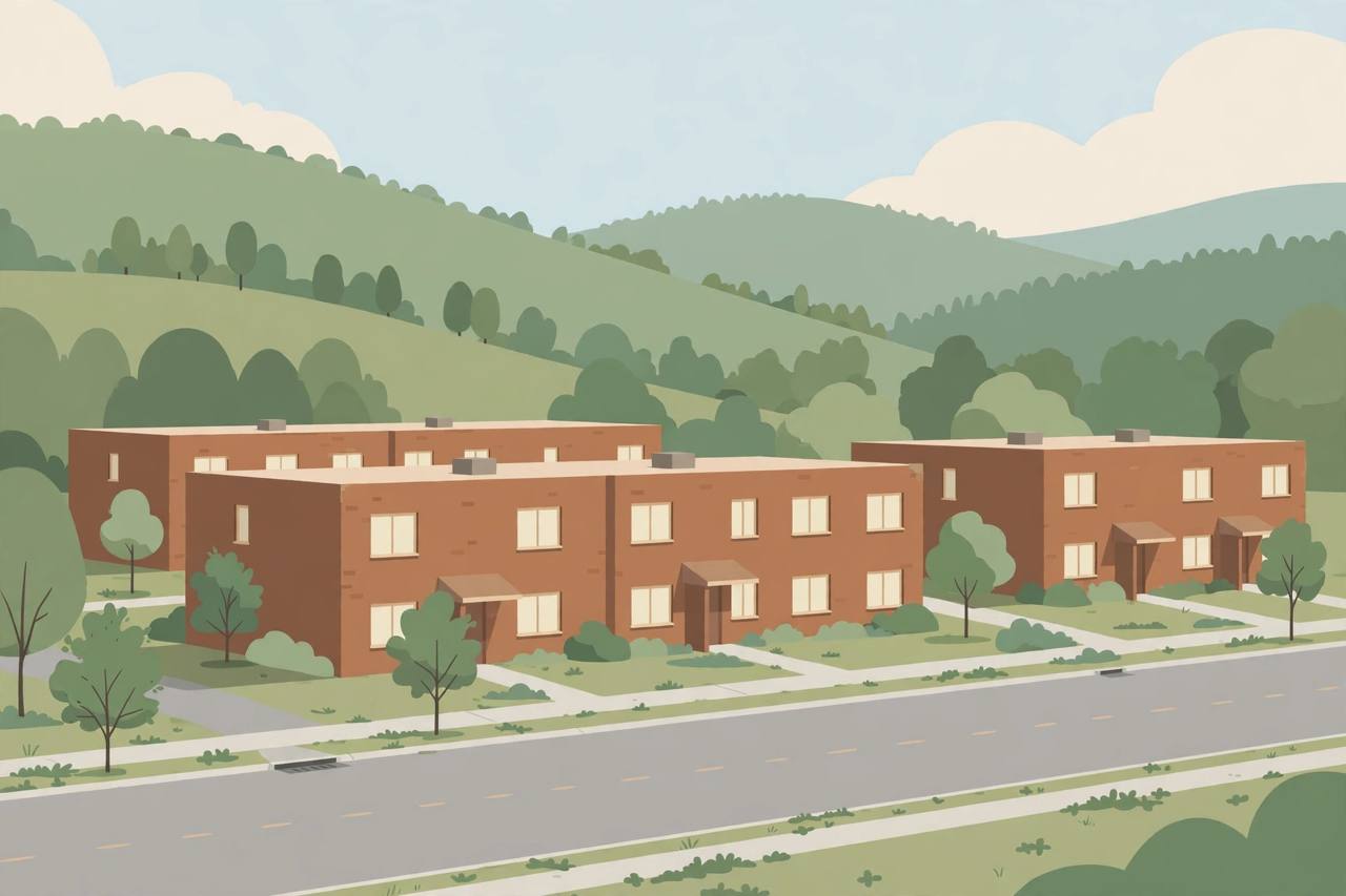 Editorial illustration of a quiet apartment complex in Kingsport, Tennessee with low buildings and green hills; no real person is depicted and the incident itself is not shown