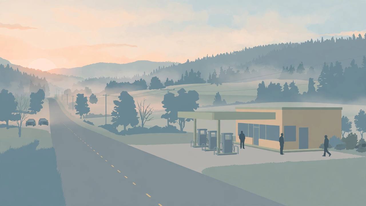 Editorial illustration of a highway convenience store and gas station at dawn near Powell, Tennessee, with a quiet road and distant vehicles — generic figures, no real person's face, no incident depicted