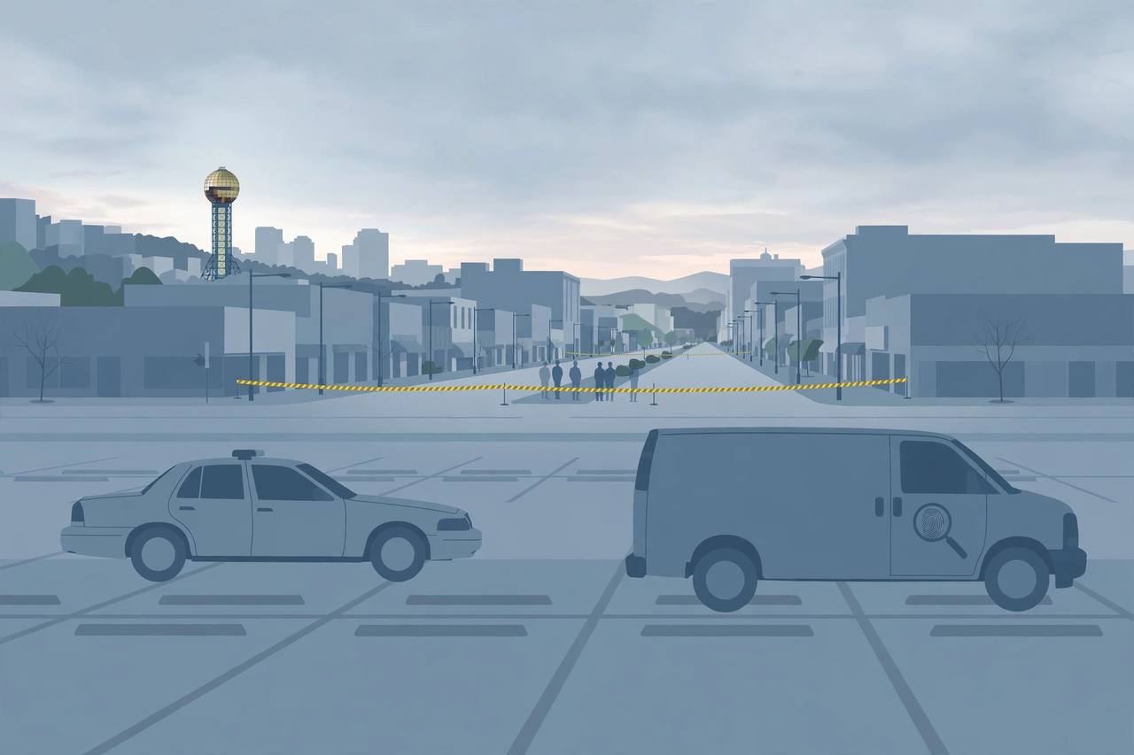 Editorial illustration of a generic police investigation at dawn in a city parking lot, flat style, no real persons, no victim and no weapon depicted