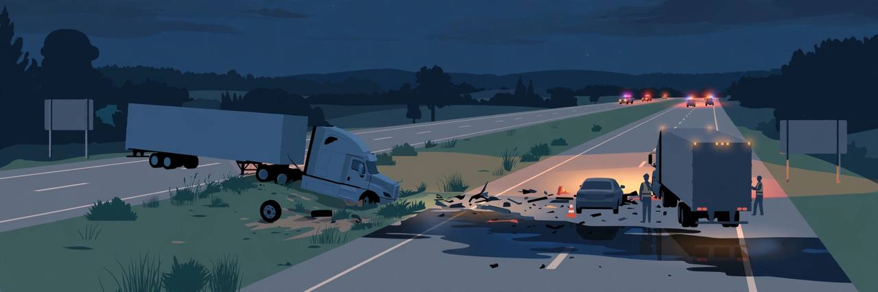 Editorial illustration of two generic semi-trucks and a passenger car on a divided interstate at night in Tennessee, with a diesel spill on the roadway and emergency lights in the distance, flat style, no real person, no text