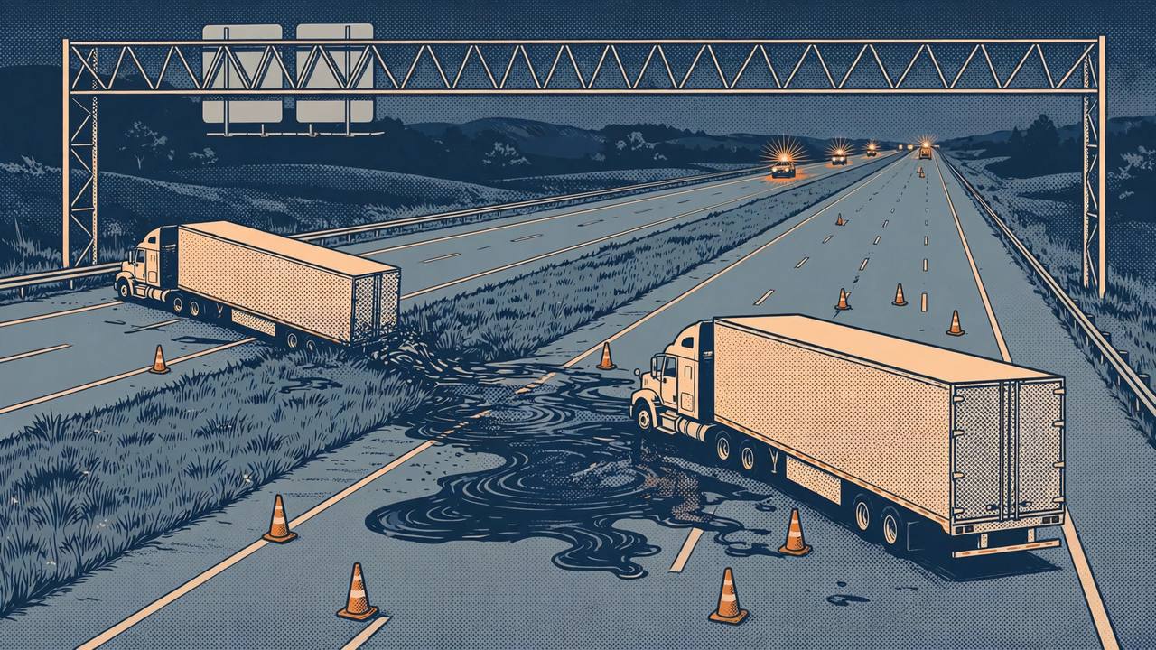 Editorial illustration of two generic semi trucks stopped across a night-time interstate after a collision, with a diesel spill on the roadway and traffic cones, flat style, no real person or place depicted, no text