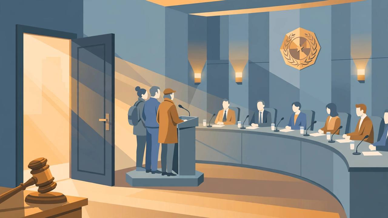 Editorial illustration of residents speaking at a podium inside a city council chamber, with a gavel and an open door