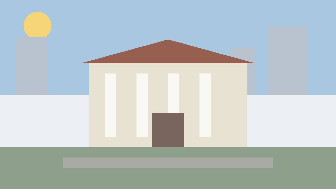 Editorial illustration of a generic city hall building with columns and a city skyline, flat style, no people, no text, no real place depicted