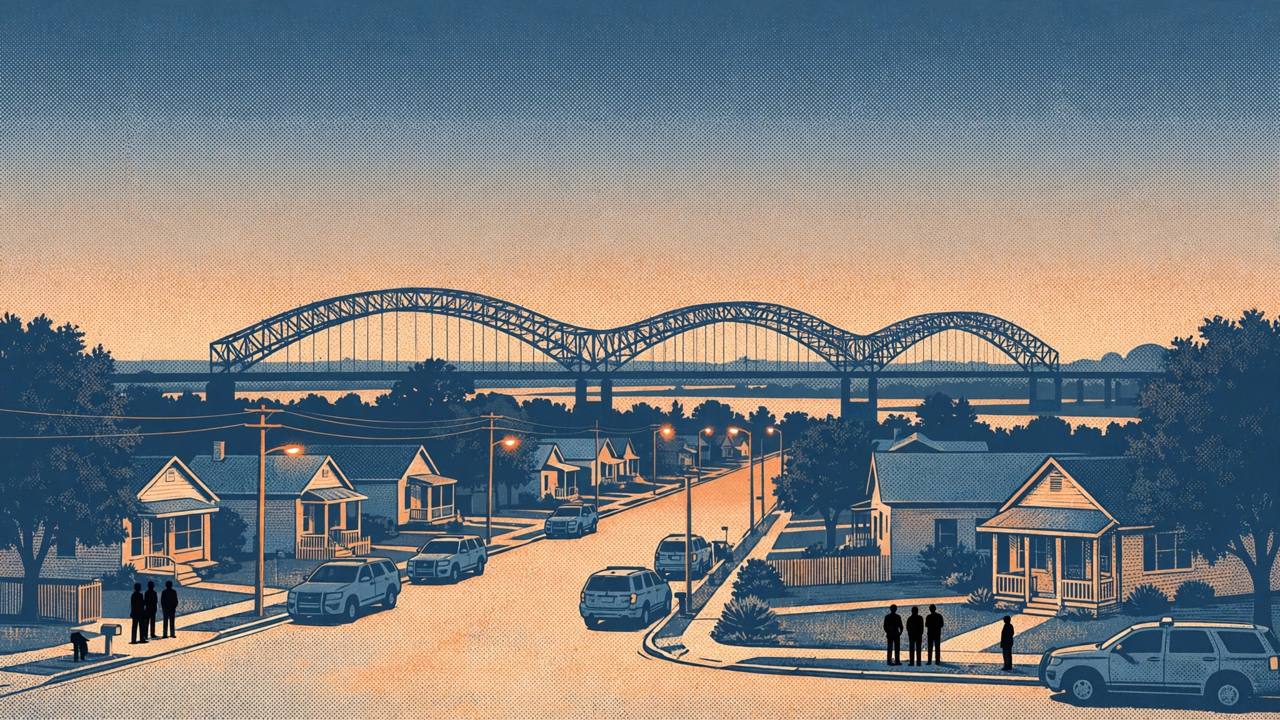 Editorial illustration of a Memphis neighbourhood street at dusk with the Hernando de Soto bridge in the background and generic figures on the sidewalks, flat style, no real person depicted