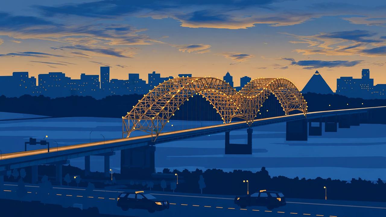 Editorial illustration of the Memphis skyline and Hernando de Soto bridge at dusk with generic police cars, flat style, no real person
