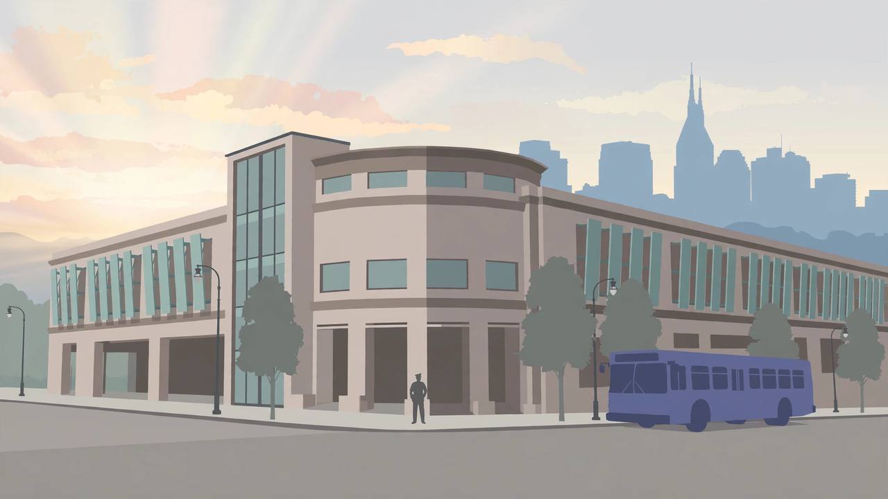 Editorial illustration of a downtown Nashville bus station in early morning light with a bus at the curb and a generic officer silhouette near the entrance — no real person's face, no incident depicted