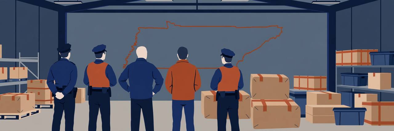 Editorial illustration of officers standing beside sealed evidence crates in a warehouse with an outline of Tennessee on the wall