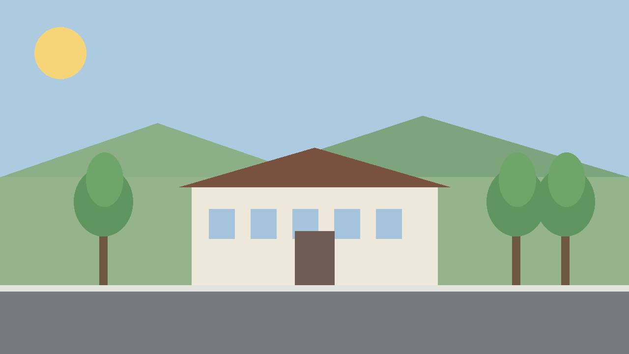 Editorial illustration of a generic rural education centre building among hills and trees in Tennessee, flat style, no fire, no text, no real person or place depicted