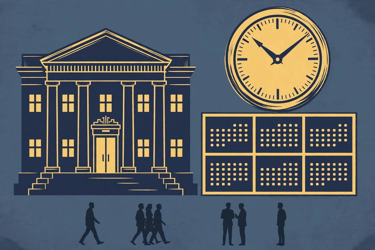 Editorial illustration of a generic federal courthouse and a calendar clock, flat style, no real person depicted