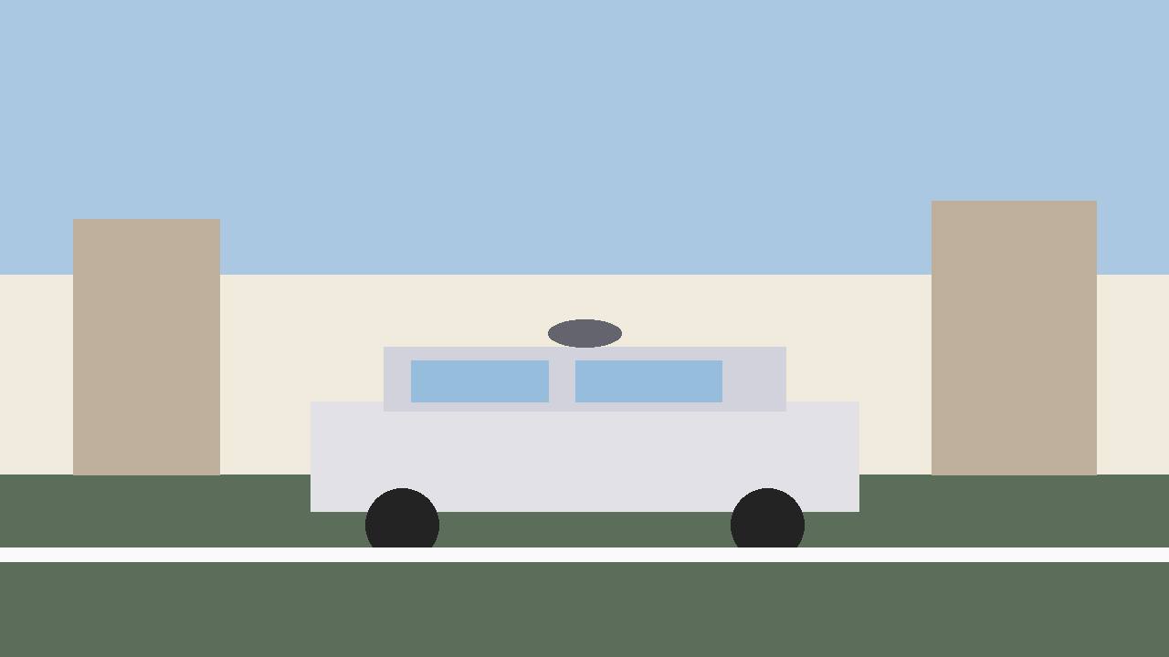 Editorial illustration of a generic driverless car on a US city street, flat style, no logo, no text, no real person depicted