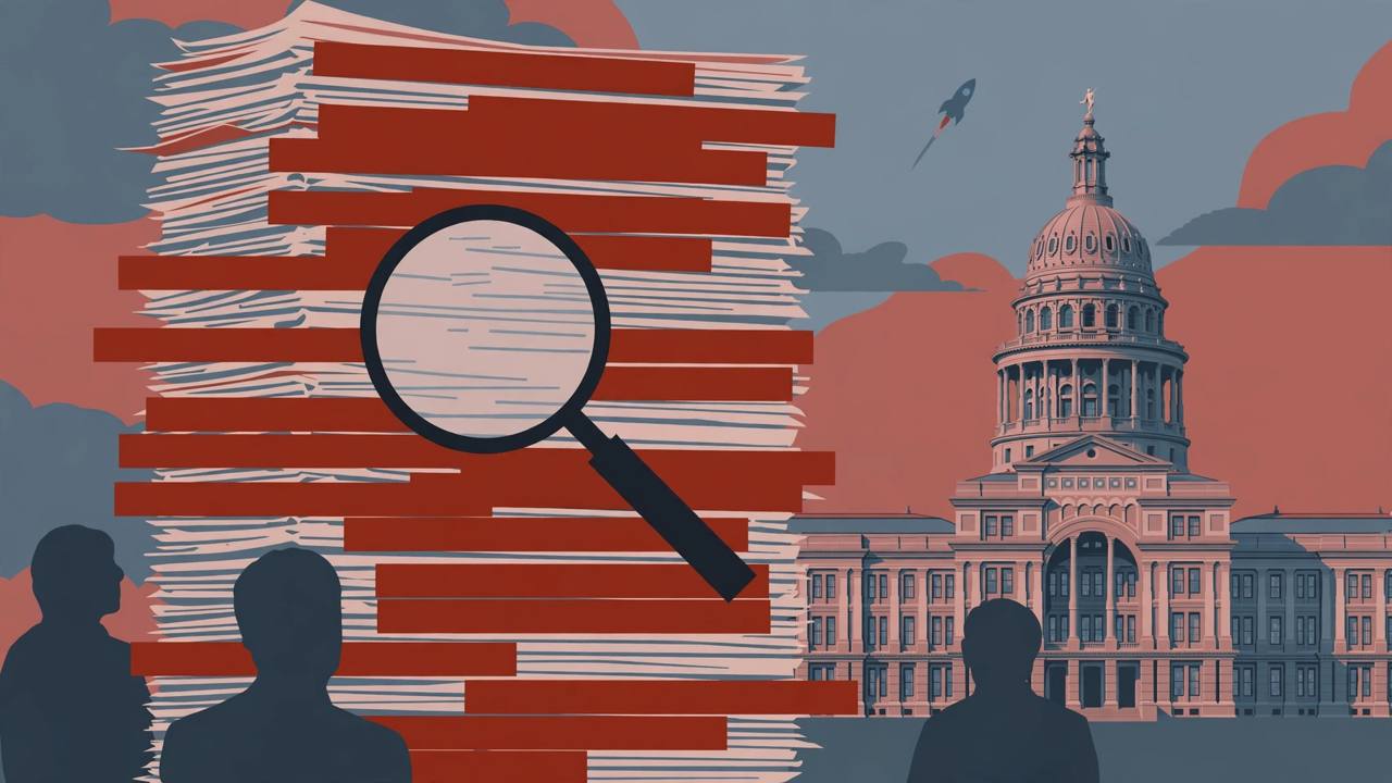 Editorial illustration of the Texas State Capitol, a stack of heavily redacted paper files and a magnifying glass, representing the Abbott-Musk records court fight