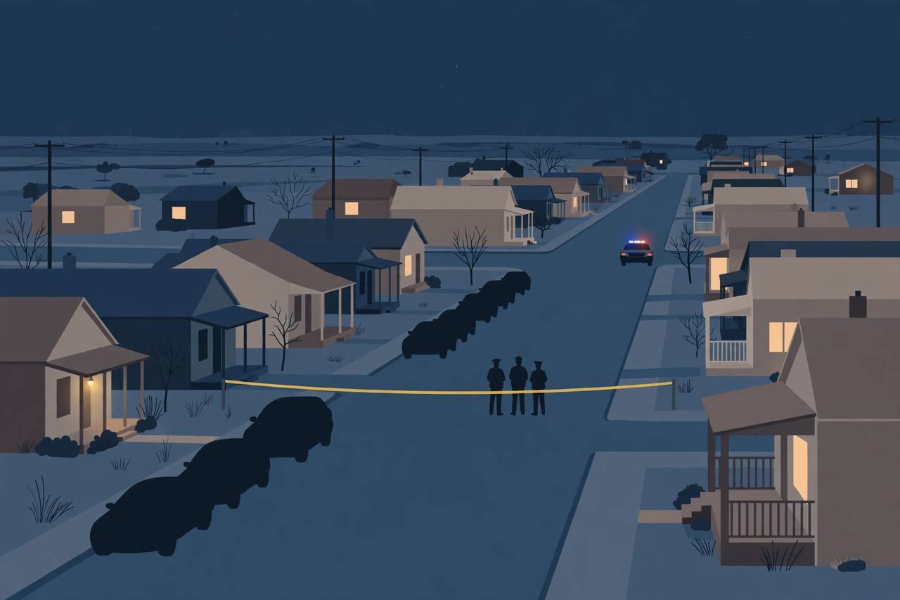 Editorial illustration of a quiet residential street in Amarillo, Texas at night with police tape and a police car in the distance; no victim or violence depicted