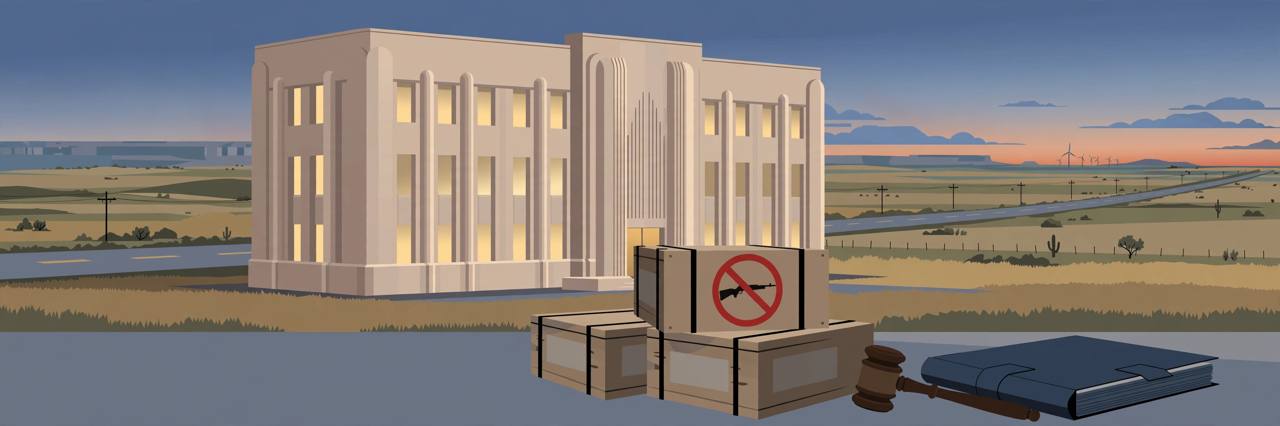 Editorial illustration of a federal courthouse in Amarillo, Texas, with sealed evidence crates marked with a prohibited-rifle symbol, a gavel and an indictment folder in front