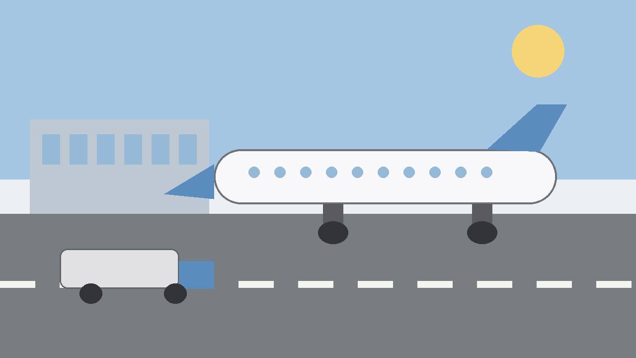 Editorial illustration of a generic large passenger jet on an airport runway with a generic terminal and a generic fuel truck, flat style, no airline branding, no people, no text, no real aircraft depicted