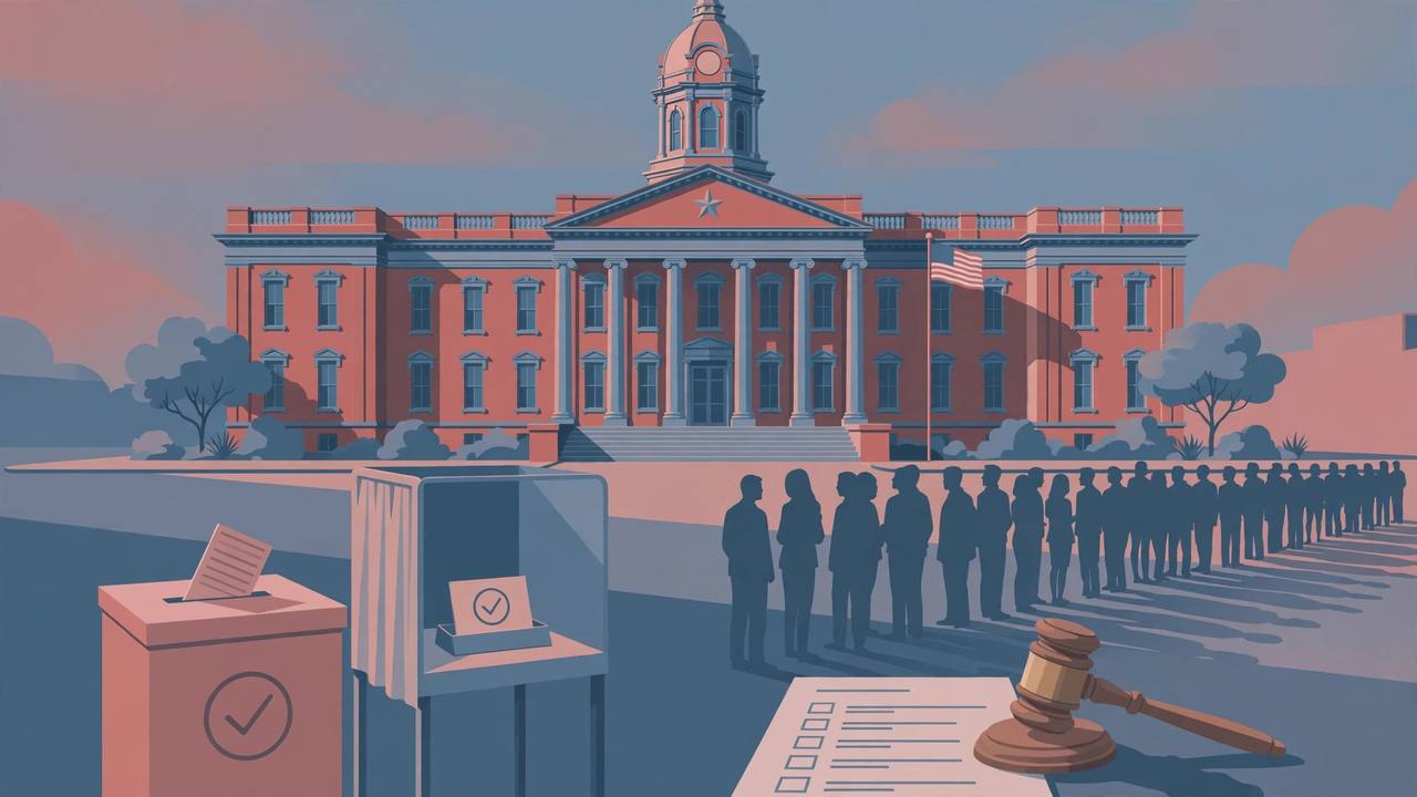 Editorial illustration of a Texas courthouse with a ballot box, a voting booth and a gavel beside a voter registration form