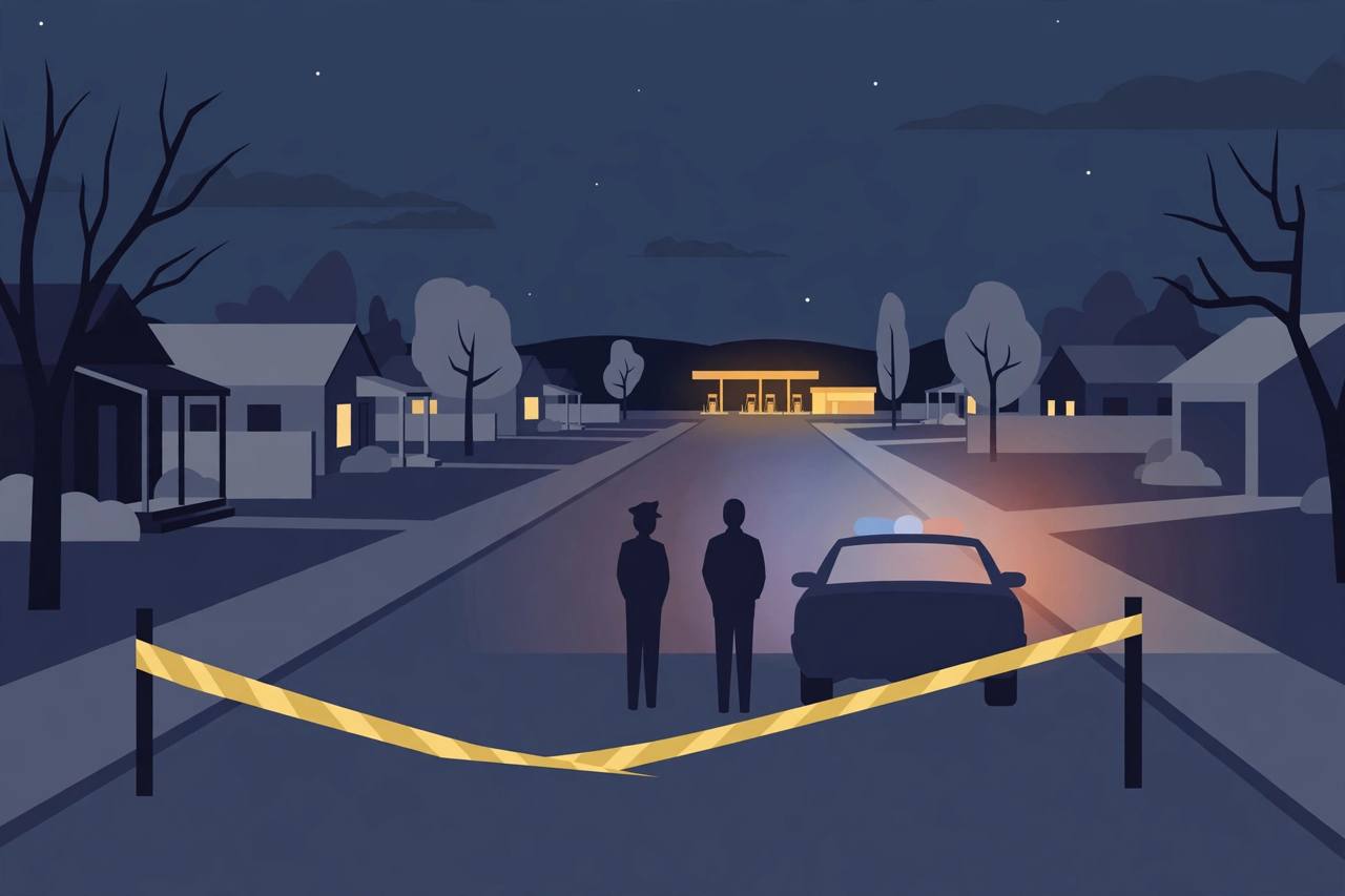 Editorial illustration of a quiet Texas street at night cordoned off with police tape, generic officers near a patrol car; the shooting itself is not depicted