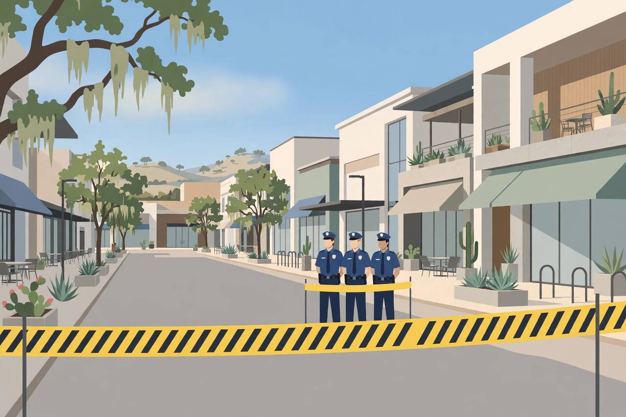 Editorial illustration of police officers behind investigation tape on an empty shopping-district street in Austin, flat style, no incident depicted, no real person depicted