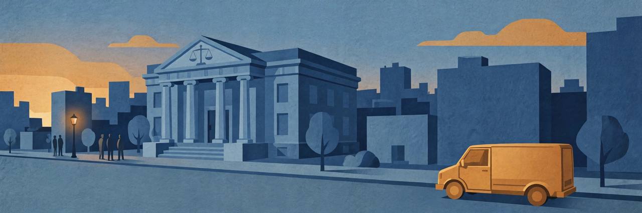 Editorial illustration of a generic courthouse with scales of justice and a small delivery van on a city street at dusk, flat style, no real person depicted